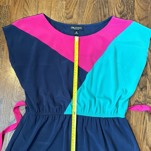 Navy Blue Color Block Dress with Pink Tie Around Waist - Picture 9 of 9